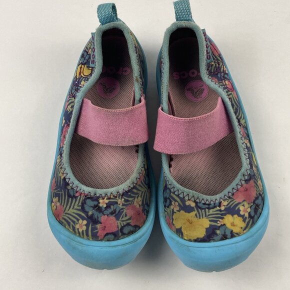 Crocs SlipOn Duet Busy Day Mary Jane Shoes Girls C9 Blue Floral Canvas Rubber - Picture 8 of 11